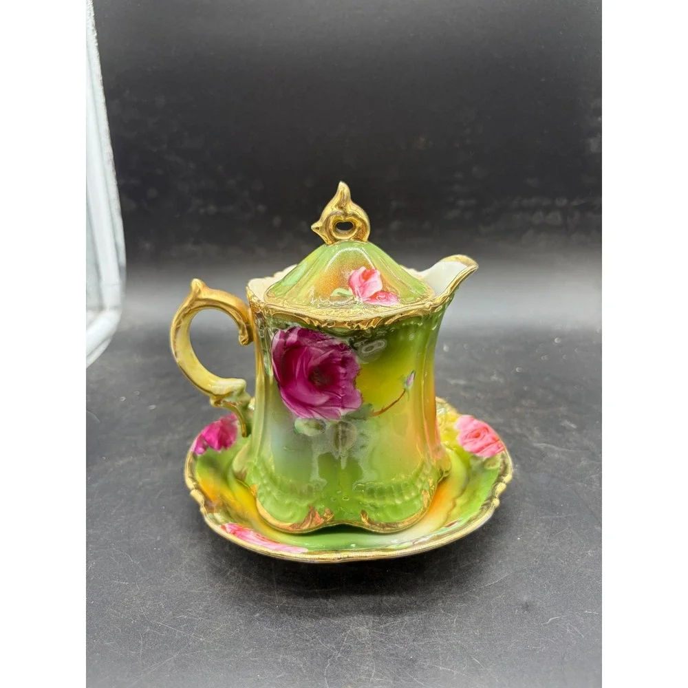 Vintage Hand Painted Porcelain Rose Creamer Pitcher with Saucer and Lid Gilt